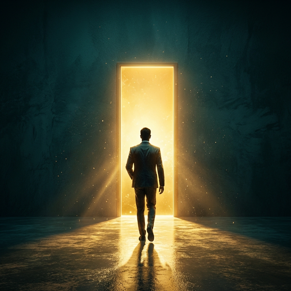 Professional silhouette walking toward opportunity